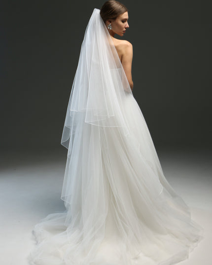 Sheer bridal veil with pencil edge – two-tier blusher veil, cathedral length, dramatic wedding veil