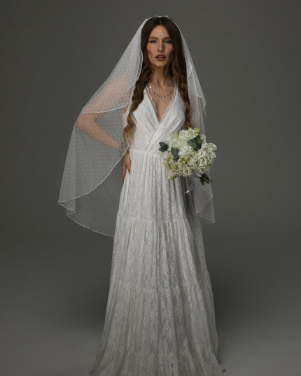 Two Tier Wedding Veil with Pencil Edge, Dotted Tulle Full Bridal Veil at Comb, Classic Romantic Veil