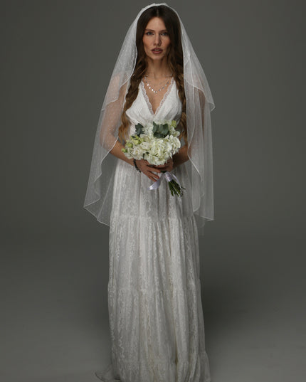 Two Tier Wedding Veil with Pencil Edge, Dotted Tulle Full Bridal Veil at Comb, Classic Romantic Veil