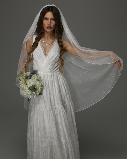 Two Tier Wedding Veil with Pencil Edge, Dotted Tulle Full Bridal Veil at Comb, Classic Romantic Veil