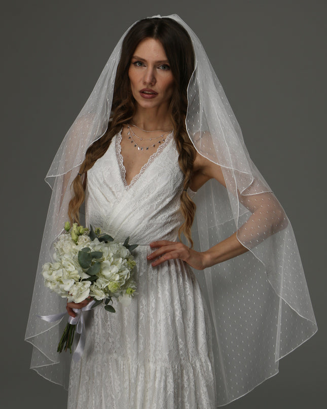 Two Tier Wedding Veil with Pencil Edge, Dotted Tulle Full Bridal Veil at Comb, Classic Romantic Veil
