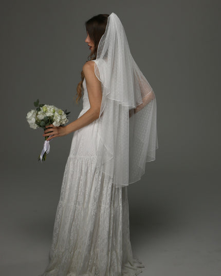 Two Tier Wedding Veil with Pencil Edge, Dotted Tulle Full Bridal Veil at Comb, Classic Romantic Veil