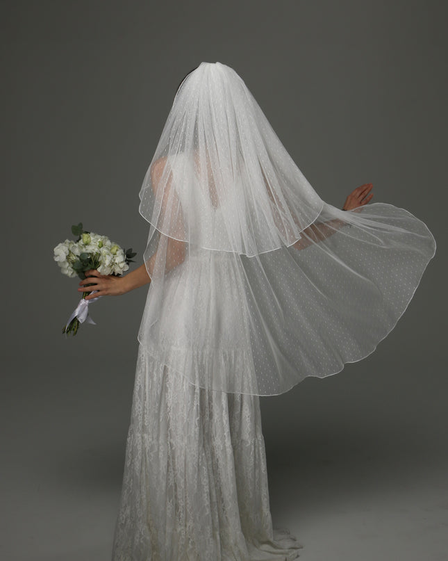 Two Tier Wedding Veil with Pencil Edge, Dotted Tulle Full Bridal Veil at Comb, Classic Romantic Veil
