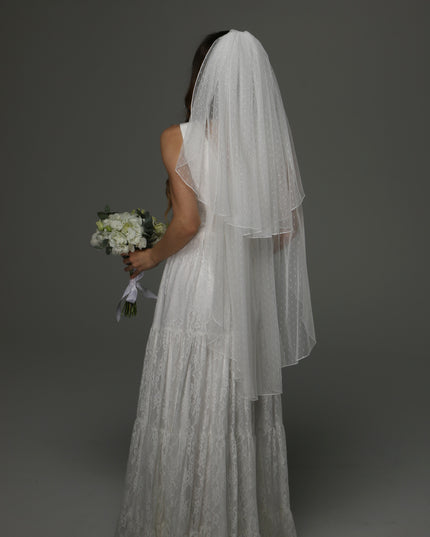 Two Tier Wedding Veil with Pencil Edge, Dotted Tulle Full Bridal Veil at Comb, Classic Romantic Veil