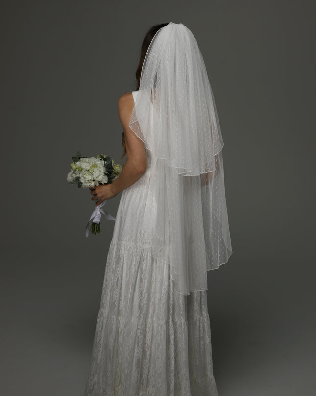 Two Tier Wedding Veil with Pencil Edge, Dotted Tulle Full Bridal Veil at Comb, Classic Romantic Veil