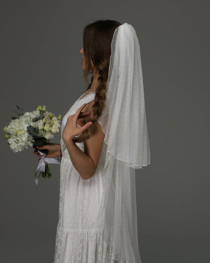 Two Tier Wedding Veil with Pencil Edge, Dotted Tulle Full Bridal Veil at Comb, Classic Romantic Veil