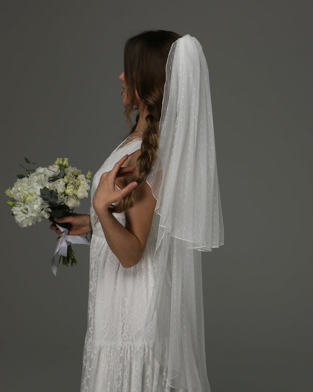 Two Tier Wedding Veil with Pencil Edge, Dotted Tulle Full Bridal Veil at Comb, Classic Romantic Veil