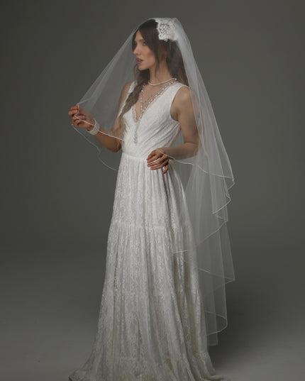 Juliet Cap Wedding Veil with Lace, Two Tier Bridal Veil with Pencil Edge, Full Romantic Wedding Veil