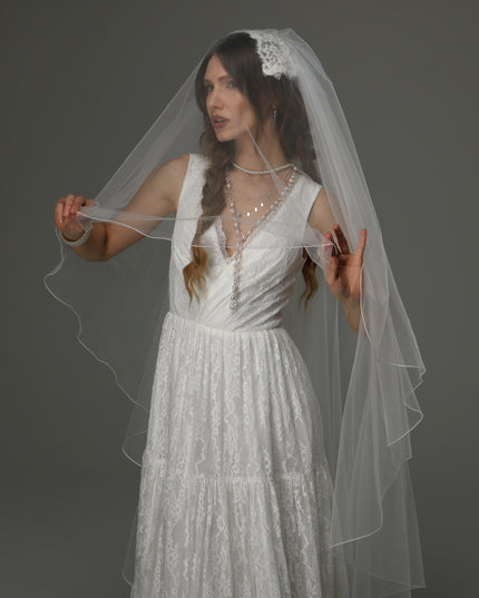 Juliet Cap Wedding Veil with Lace, Two Tier Bridal Veil with Pencil Edge, Full Romantic Wedding Veil