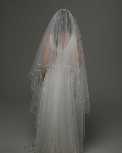 Juliet Cap Wedding Veil with Lace, Two Tier Bridal Veil with Pencil Edge, Full Romantic Wedding Veil