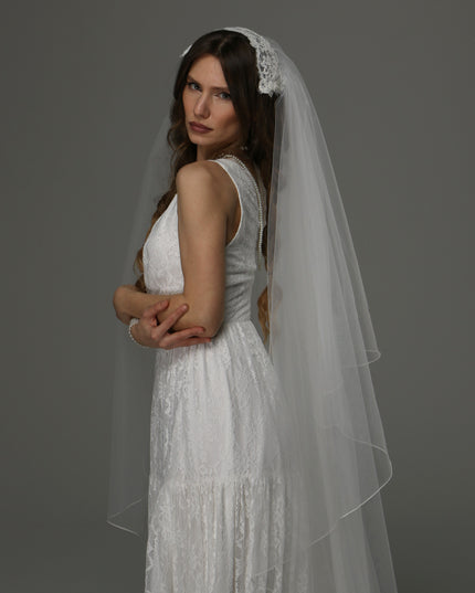 Juliet Cap Wedding Veil with Lace, Two Tier Bridal Veil with Pencil Edge, Full Romantic Wedding Veil
