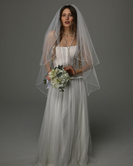 Two Tier Wedding Veil with Pencil Edge, Full Bridal Veil at Comb, Soft Tulle Classic Romantic Veil