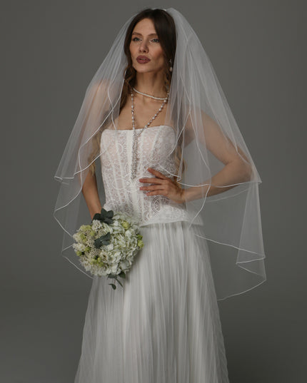 Two Tier Wedding Veil with Pencil Edge, Full Bridal Veil at Comb, Soft Tulle Classic Romantic Veil