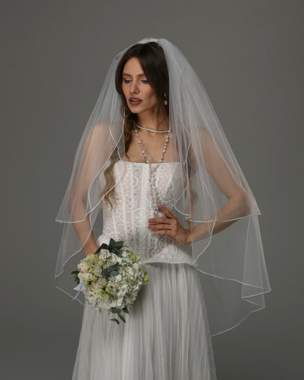Two Tier Wedding Veil with Pencil Edge, Full Bridal Veil at Comb, Soft Tulle Classic Romantic Veil