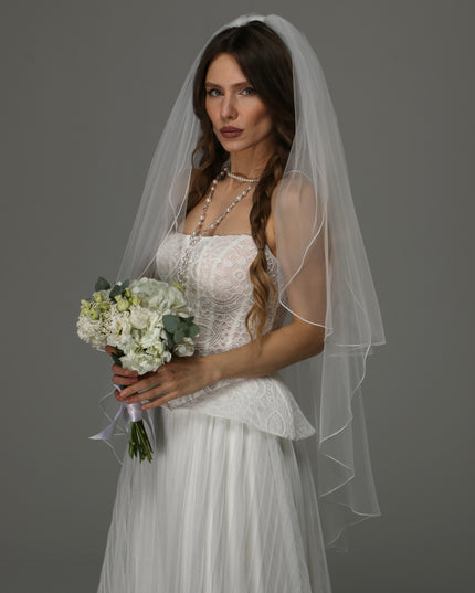 Two Tier Wedding Veil with Pencil Edge, Full Bridal Veil at Comb, Soft Tulle Classic Romantic Veil