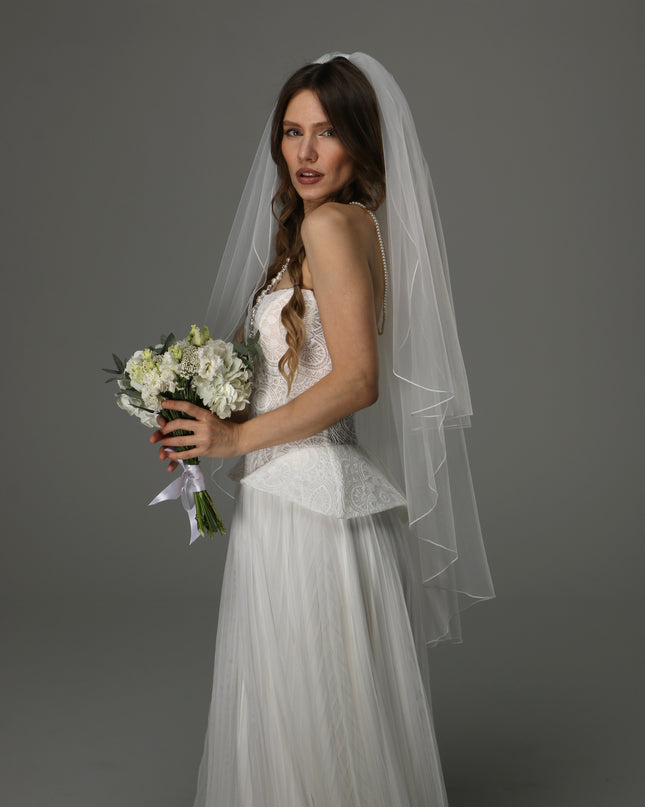 Two Tier Wedding Veil with Pencil Edge, Full Bridal Veil at Comb, Soft Tulle Classic Romantic Veil
