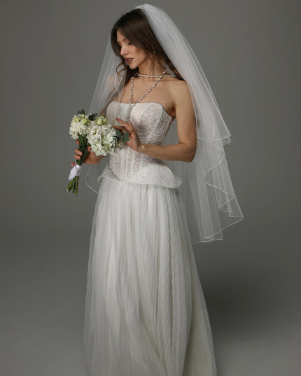 Two Tier Wedding Veil with Pencil Edge, Full Bridal Veil at Comb, Soft Tulle Classic Romantic Veil