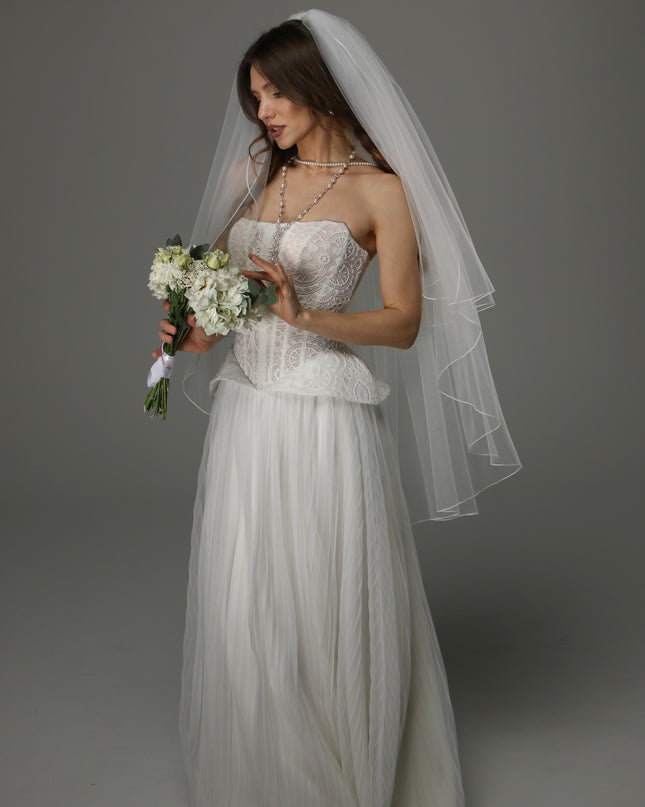Two Tier Wedding Veil with Pencil Edge, Full Bridal Veil at Comb, Soft Tulle Classic Romantic Veil
