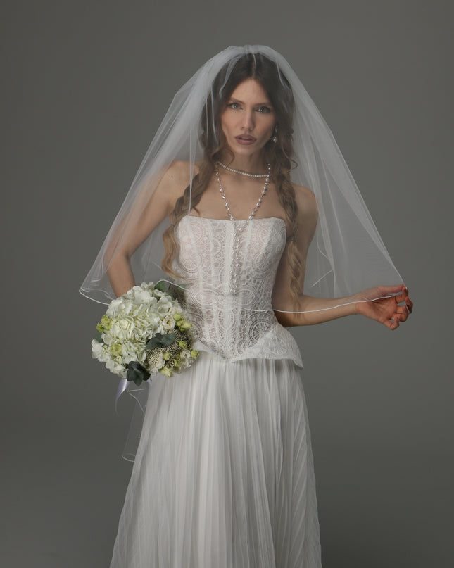 Two Tier Wedding Veil with Pencil Edge, Full Bridal Veil at Comb, Soft Tulle Classic Romantic Veil