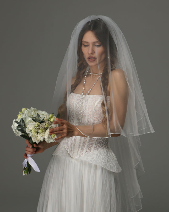 Two Tier Wedding Veil with Pencil Edge, Full Bridal Veil at Comb, Soft Tulle Classic Romantic Veil