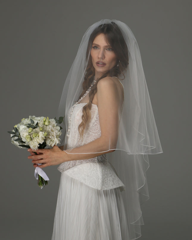 Two Tier Wedding Veil with Pencil Edge, Full Bridal Veil at Comb, Soft Tulle Classic Romantic Veil