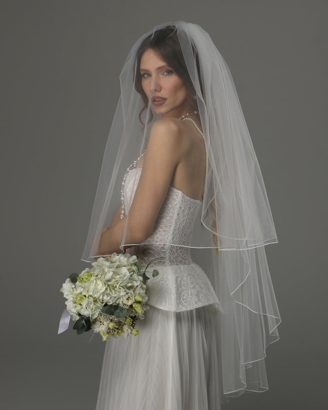 Two Tier Wedding Veil with Pencil Edge, Full Bridal Veil at Comb, Soft Tulle Classic Romantic Veil