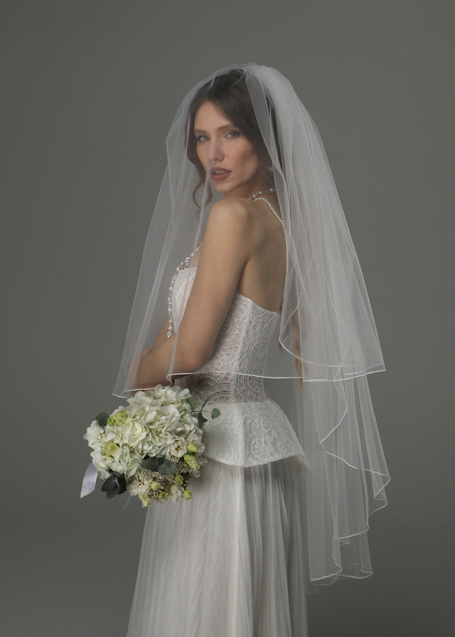 Two Tier Wedding Veil with Pencil Edge, Full Bridal Veil at Comb, Soft Tulle Classic Romantic Veil