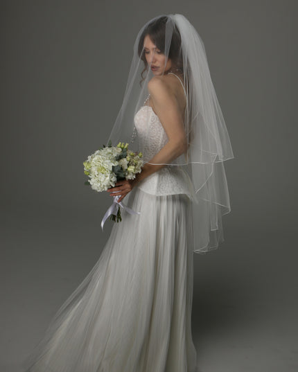 Two Tier Wedding Veil with Pencil Edge, Full Bridal Veil at Comb, Soft Tulle Classic Romantic Veil