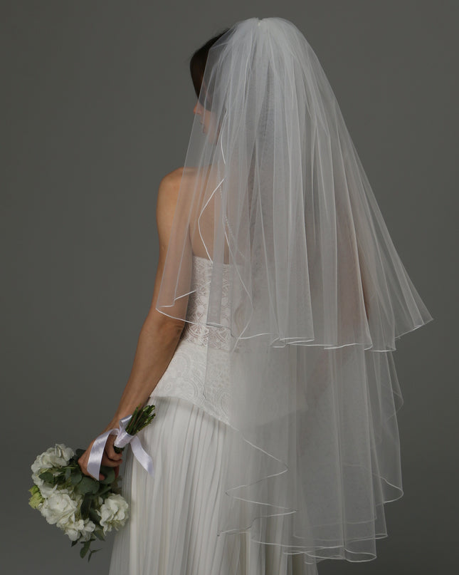 Two Tier Wedding Veil with Pencil Edge, Full Bridal Veil at Comb, Soft Tulle Classic Romantic Veil