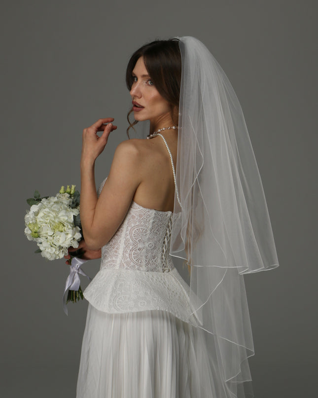 Two Tier Wedding Veil with Pencil Edge, Full Bridal Veil at Comb, Soft Tulle Classic Romantic Veil