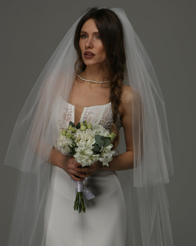 Two Tier Wedding Veil with Raw Edge, Full Soft Tulle Bridal Veil at Comb, Modern Classic Veil