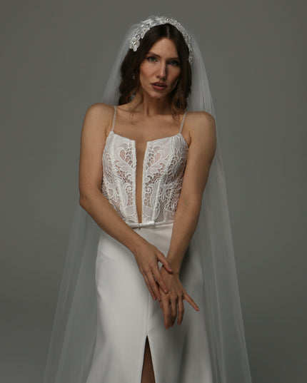 Juliet Cap Wedding Veil with Lace, One Tier Full Bridal Veil at Comb, Soft Tulle Raw Edge Veil