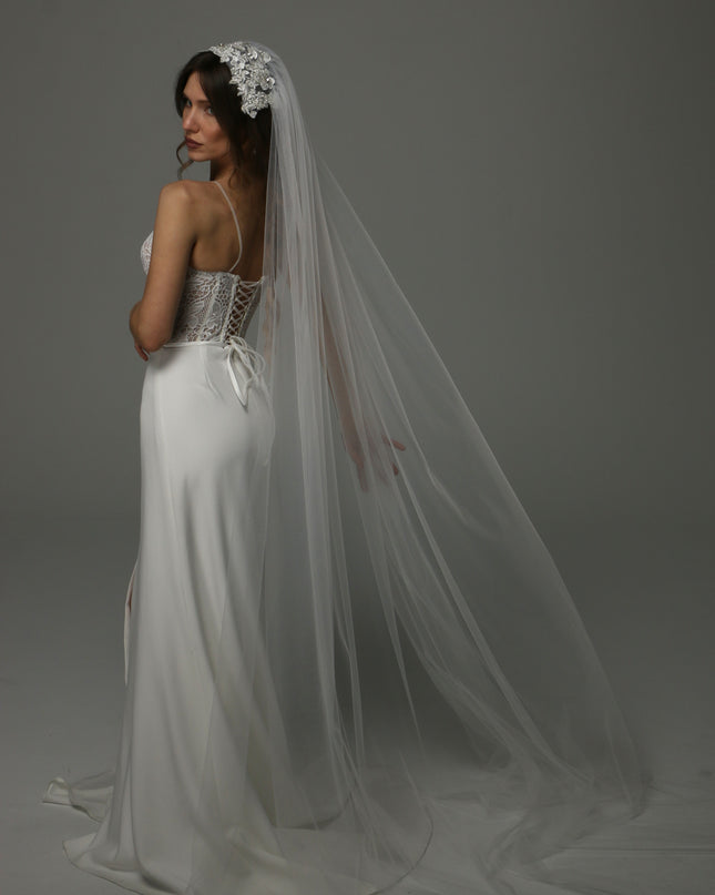 Juliet Cap Wedding Veil with Lace, One Tier Full Bridal Veil at Comb, Soft Tulle Raw Edge Veil