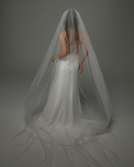 Juliet Cap Wedding Veil with Lace, One Tier Full Bridal Veil at Comb, Soft Tulle Raw Edge Veil