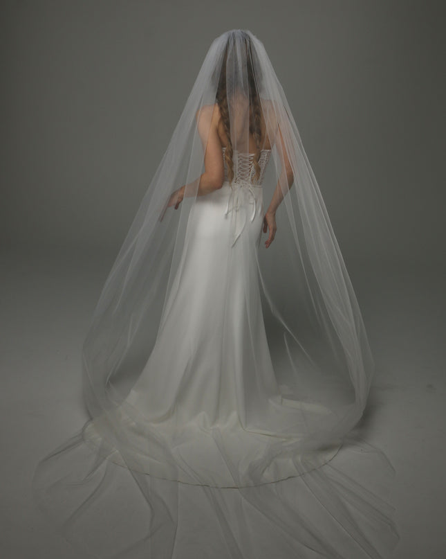 Juliet Cap Wedding Veil with Lace, One Tier Full Bridal Veil at Comb, Soft Tulle Raw Edge Veil
