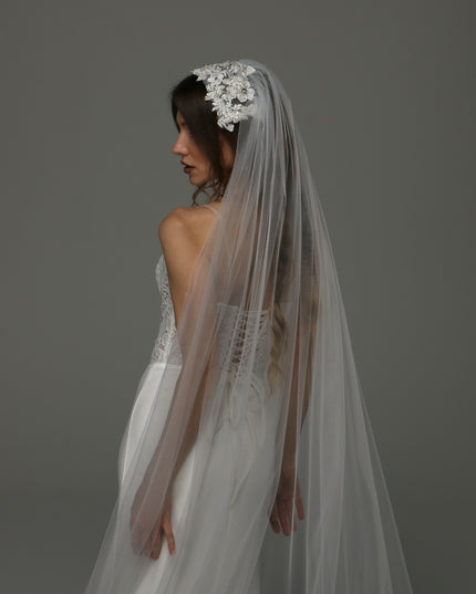 Juliet Cap Wedding Veil with Lace, One Tier Full Bridal Veil at Comb, Soft Tulle Raw Edge Veil
