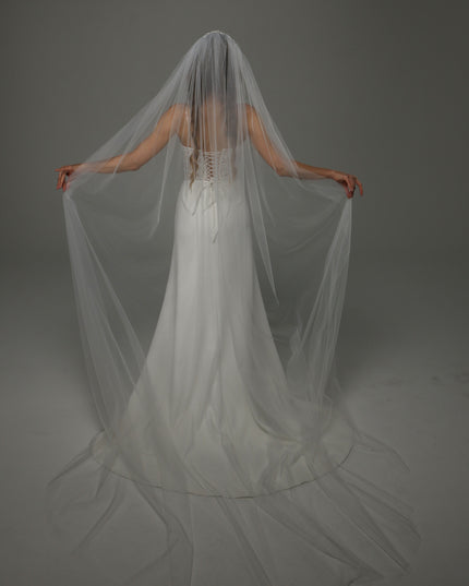 Juliet Cap Wedding Veil with Lace, One Tier Full Bridal Veil at Comb, Soft Tulle Raw Edge Veil
