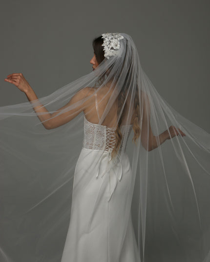 Juliet Cap Wedding Veil with Lace, One Tier Full Bridal Veil at Comb, Soft Tulle Raw Edge Veil