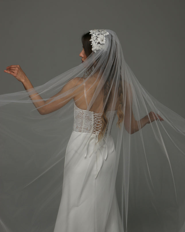 Juliet Cap Wedding Veil with Lace, One Tier Full Bridal Veil at Comb, Soft Tulle Raw Edge Veil
