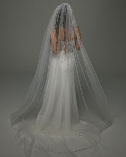 Juliet Cap Wedding Veil with Lace, One Tier Full Bridal Veil at Comb, Soft Tulle Raw Edge Veil