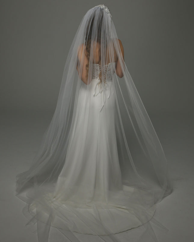 Juliet Cap Wedding Veil with Lace, One Tier Full Bridal Veil at Comb, Soft Tulle Raw Edge Veil