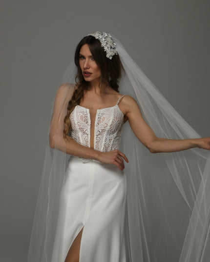 Juliet Cap Wedding Veil with Lace, One Tier Full Bridal Veil at Comb, Soft Tulle Raw Edge Veil