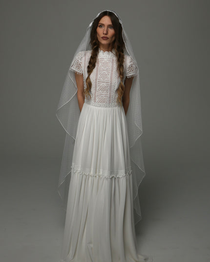 Juliet Cap Wedding Veil with Lace and Dotted Tulle, Vintage Romantic Bridal Veil