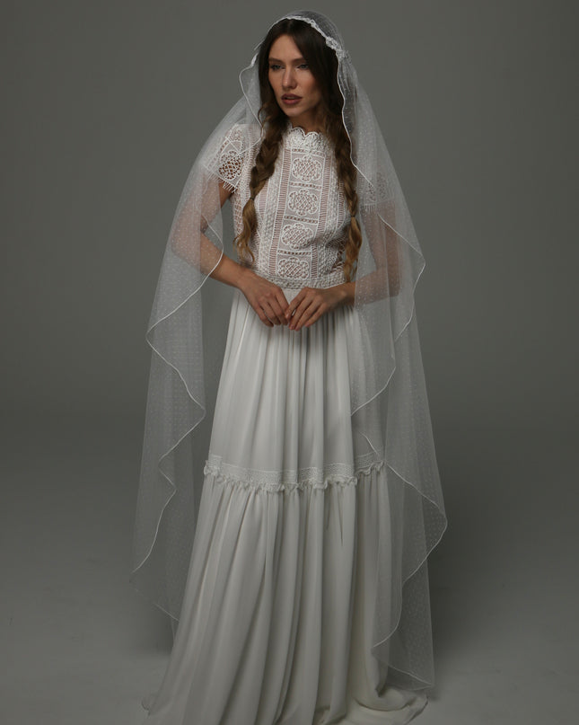 Juliet Cap Wedding Veil with Lace and Dotted Tulle, Vintage Romantic Bridal Veil