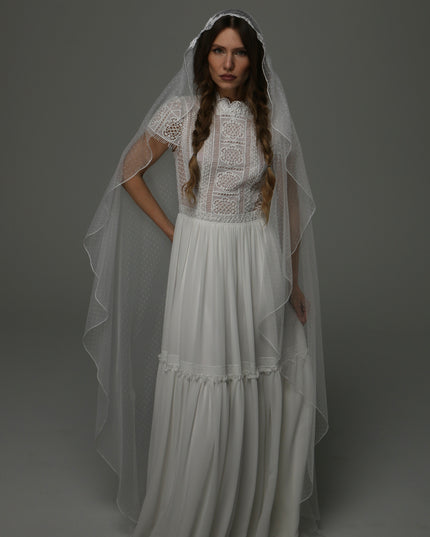 Juliet Cap Wedding Veil with Lace and Dotted Tulle, Vintage Romantic Bridal Veil