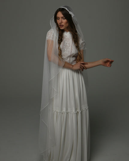 Juliet Cap Wedding Veil with Lace and Dotted Tulle, Vintage Romantic Bridal Veil