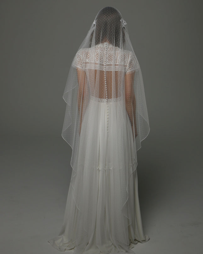 Juliet Cap Wedding Veil with Lace and Dotted Tulle, Vintage Romantic Bridal Veil