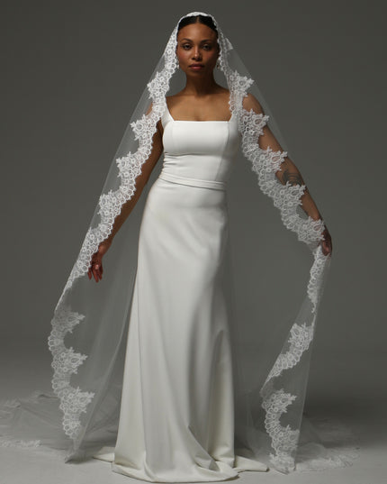 Lace Boho Cathedral Veil: One Tier Mantilla, Ivory Tulle