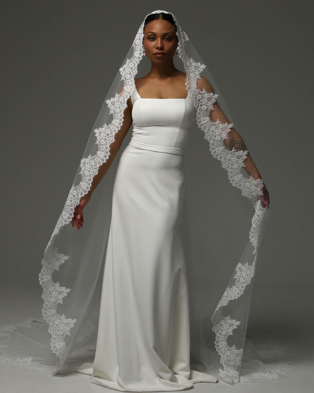 Lace Boho Cathedral Veil: One Tier Mantilla, Ivory Tulle