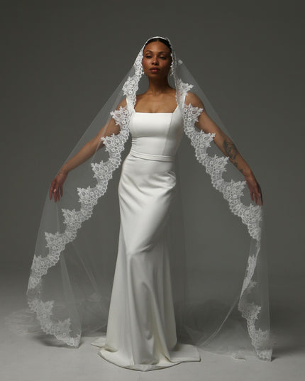 Lace Boho Cathedral Veil: One Tier Mantilla, Ivory Tulle